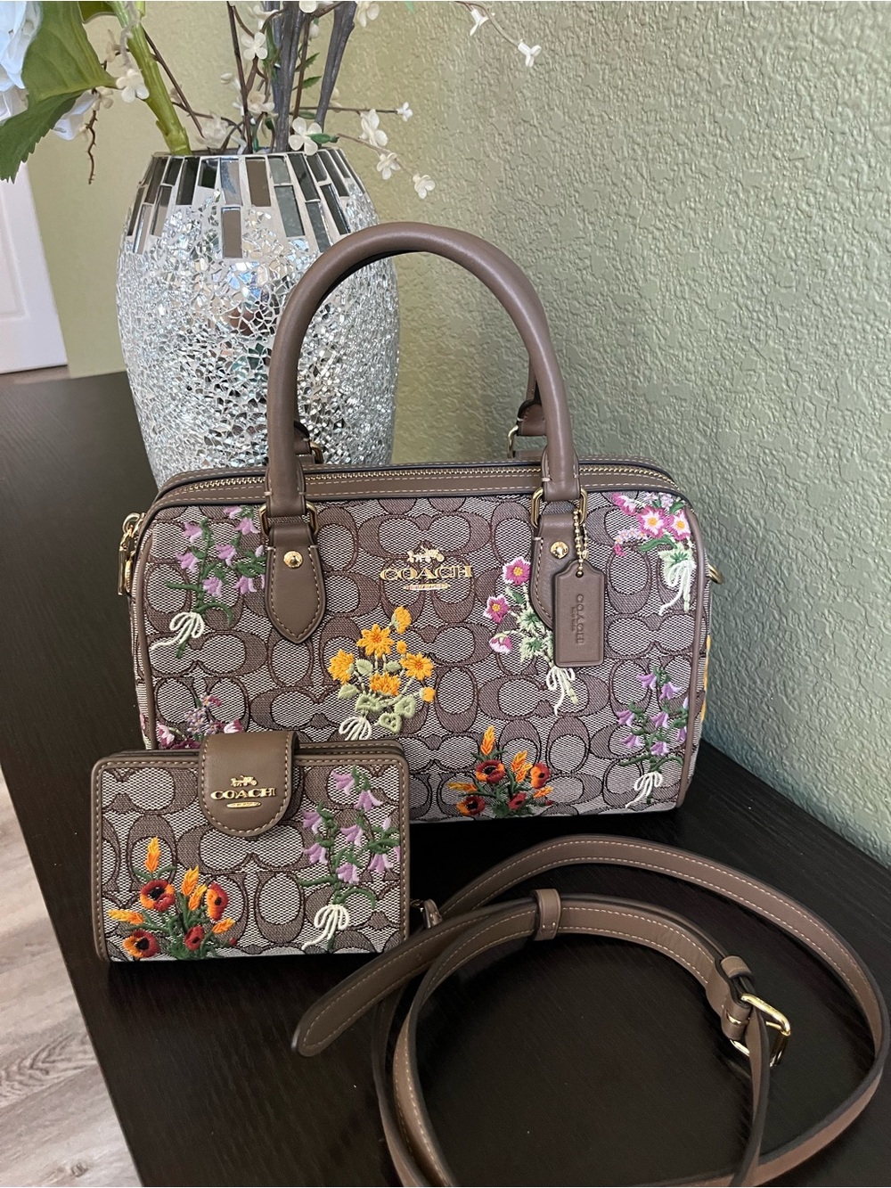 Coach Rowan Floral Embroidery Satchel Oak Color - Picture 8 of 10